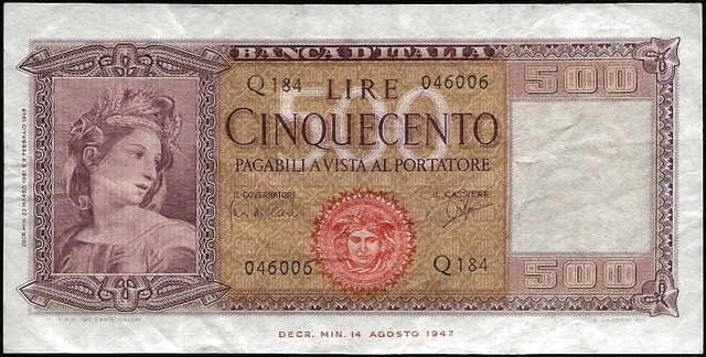 ITALIEN - BANKNOTE Von 500 Lire 14-08-1947 Hervorragend! P #80 EUR 16 ...