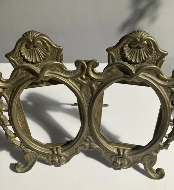 Antique Style Solid Cast Brass Tabletop Oval Double Photo Picture Frame