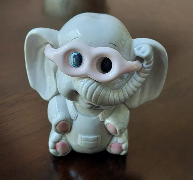 Ceramic Coin Bank Vintage Gray Elephant w/ Pink Glasses Hand Painted Taiwan #e1
