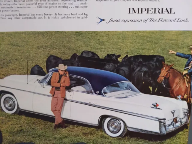 1956 Imperial Automobile Ad Leather Trim Phonograph Chrysler Cowboy Cattle 14x11