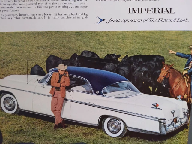 1956 Imperial Automobile Ad Leather Trim Phonograph Chrysler Cowboy Cattle 14x11
