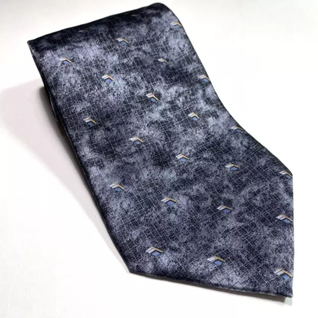 Murano Silk Tie Blue on Black Geometric Handmade USA 58 x 4 Necktie Pre Owned