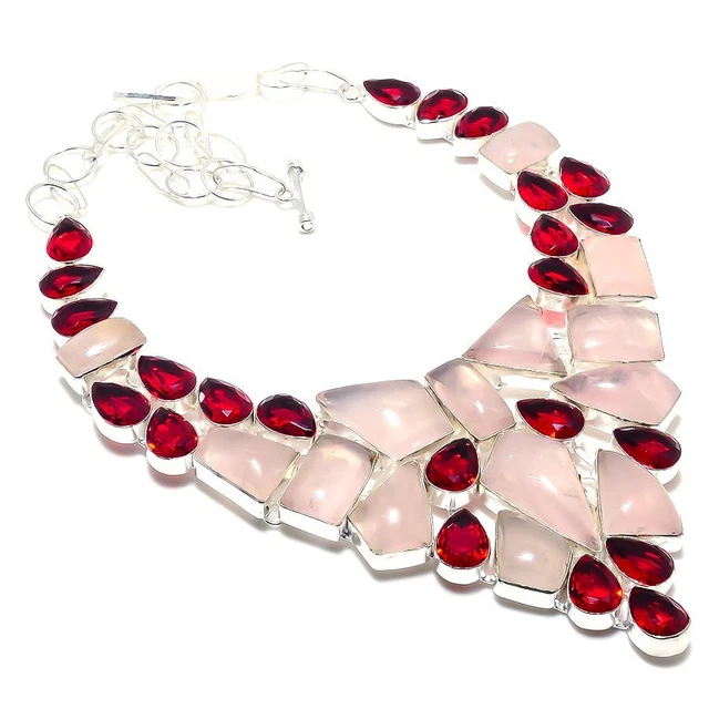 Rose Quartz, Red Garnet Gemstone 925 Sterling Silver Jewelry Necklace 18" v553