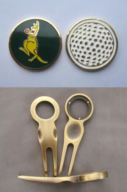 1 Only Golf Divot Tool & Ball Marker Green And Gold  Kangaroo