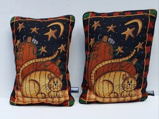 2 Tapestry Throw Pillows Cat Pumpkin Fall La France Home Susan Foust Kline 15x11