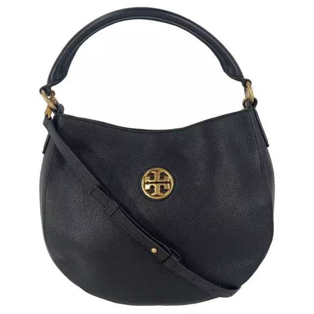 Tory Burch Carson Small Hobo Black Pebbled Leather Satchel Crossbody Gold Logo