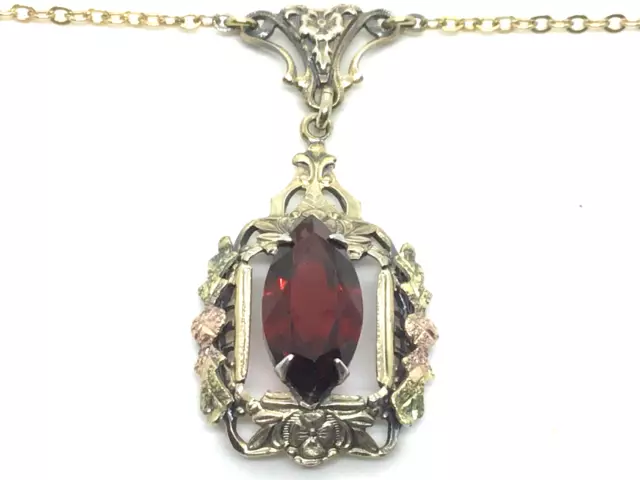 Sterling Silver Tri Color Gold Pendant Art Deco With Marquise Garnet Color Stone