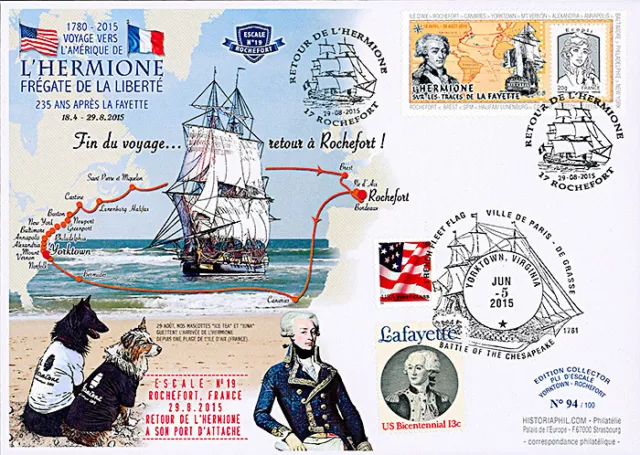 Maxi FDC USA-FRANCE "Stopover 4 Yorktown - HERMIONE / US War Independence" 2015