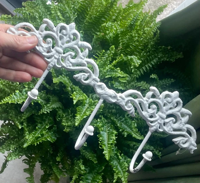 3-Hooks Wall Coat Towel Hat Hanger Cast Iron Metal Distress VTG-White Farmhouse