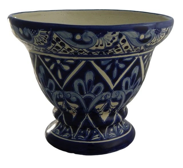 Mexican Ceramic Footed Planter Pot Garden Hand painted Talavera Blue White # 07
