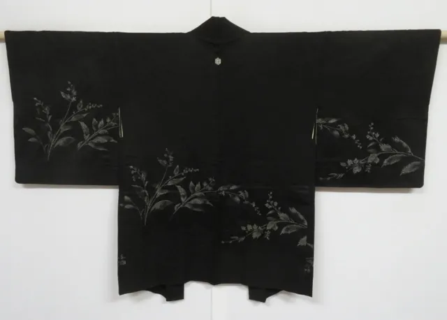0327N06z570 Vintage Japanese Kimono Silk HAORI Black Plants