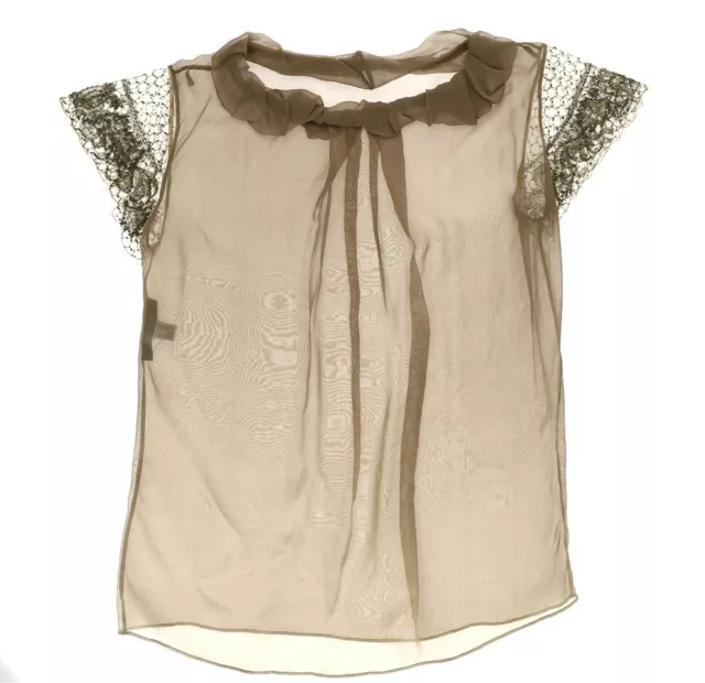 Alberta Ferretti Womens Olive Tan Sequin Embellished Lace Blouse Size US 6
