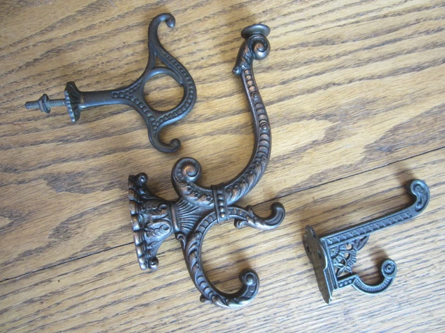 MINT! 3 Eastlake Ornate Cast Iron Brass? Coat Hat Rack Hooks Victorian Hall Tree