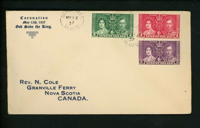 Postal History Newfoundland Scott #230-232 FDC Coronation 1937 Grand Falls NL