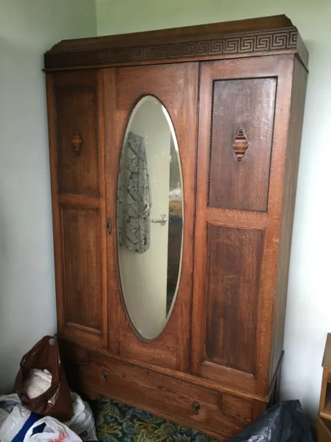 Vintage Solid Carved Oak  Single Door Wardrobe With Central Oval Mirror