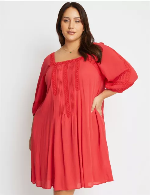 BeMe - Plus Size - Womens Dress -  Lace Detail Woven Peasant Swing Dress