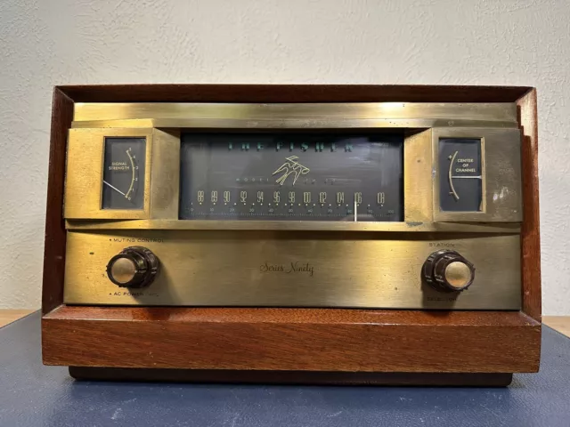 Vintage The Fisher FM-90 FM Tube Radio Tuner Brass Face Wood Case Series 90