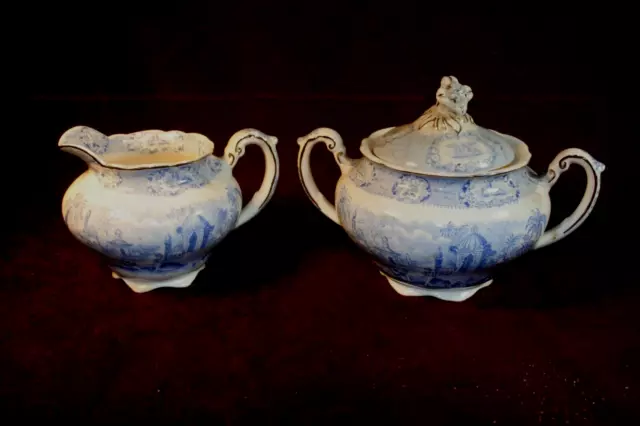 Ridgway Oriental Blue and White Transferware - Covered Sugar Bowl & Creamer Set