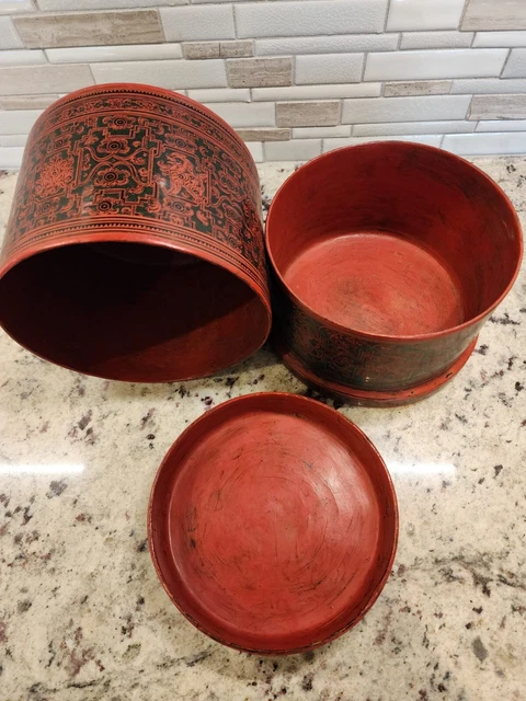 Burmese Asian Orange Lacquer Betel Nut Box RARE Zodiac and Maker Inscription 12