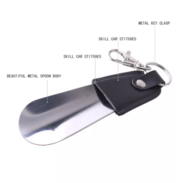 Portable Mini Stainless Steel Spoon Slip Leather Shoe Horn Sturdy Key Ring