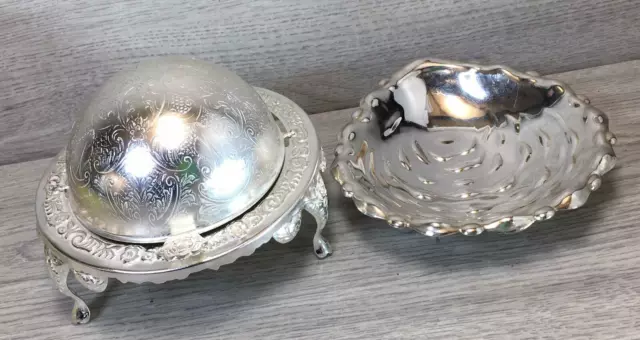 Silver Plated Caviar And Scalloped Butter Dish Glass Insert Vintage England