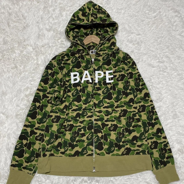A BATHING APE BAPE Logo Full Zip Hoodie Size XL Green Camo Excellent.