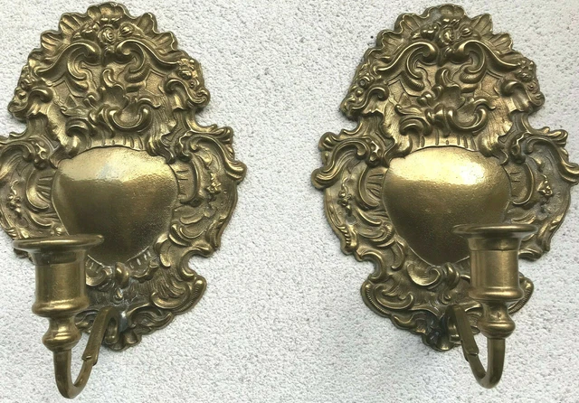 Pair Vintage Victorian Heavy Brass Wall Single Candlesticks