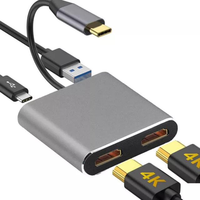 Adaptateur 4K USB C vers double HDMI, 4 en 1 Type C vers double HDMI, port USB