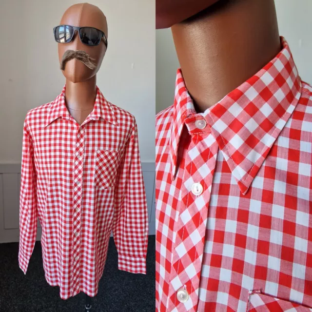 Vintage 1970s Gingham Check Shirt | XL | Red/White PolyCotton MOD  BC96