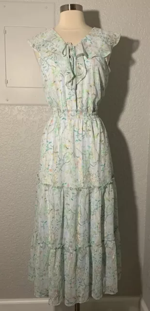 Women’s Retro Light Blue Floral Print Tiered Sheer Chiffon Maxi Dress, Size S