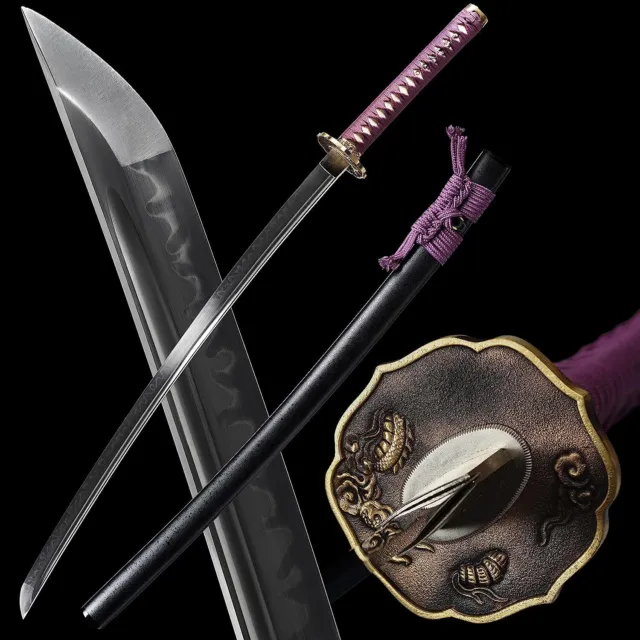 Purple Clay Tempered T10 Steel Blade Japanese Sword Samurai Katana Brass Tsuba