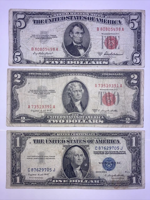 1953($5) Five Dollar Red,1953 ($2) Two Dollar Red, 1935($1) One Dollar Blue Seal