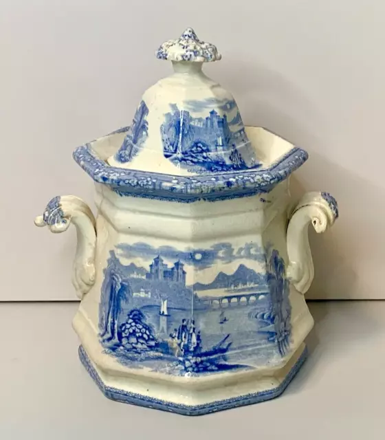 Antique Victorian Lidded Sucrier Caddy Jar Blue White TJ Mayer Florentine 1840s