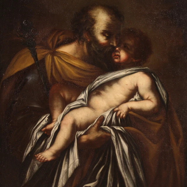 San José con nino pintura religiosa antigua oleo sobre lienzo cuadro siglo XVII