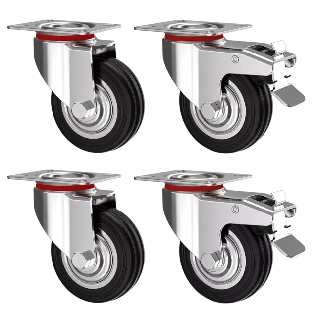 Set of 4 Heavy Duty Castor Wheels 75 Mm - Swivel Casters with Brake up to 50 Kg