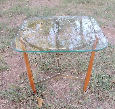 Mid Century Modern Side Table Metal & Wood Base w/Glass Top  Modern Coffee Table