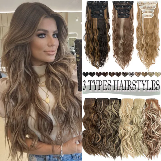 Real Thick Clip In Hair Extentions 100% As Human Hair Full Head 4PCS Wavy Long