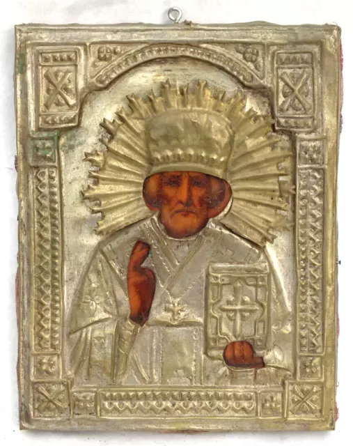 19th C. Antique Russian Greek Orthodox Icon Oil Painting Saint Hammered Tin