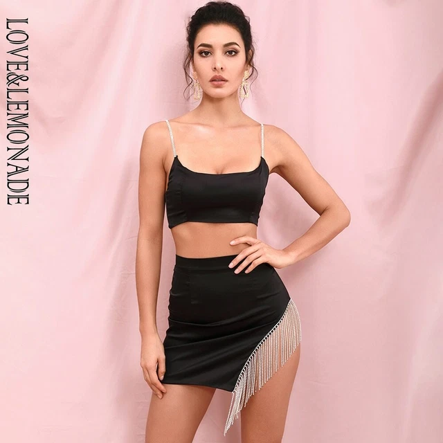 LOVE & LEMONADE Sexy Tube Top Cut Out Elastic Rhinestone Tassel Mini Two-Pieces