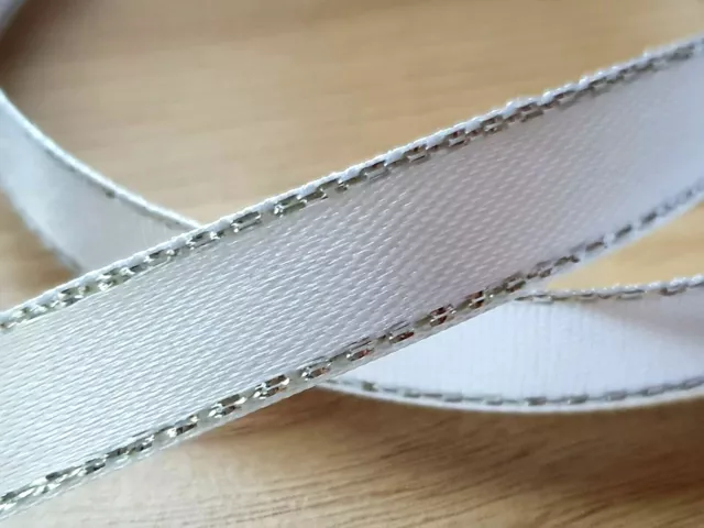 1 Metre WHITE SATIN SILVER LUREX EDGE RIBBON TRIMMING - 10MM WEDDING CRAFT UK