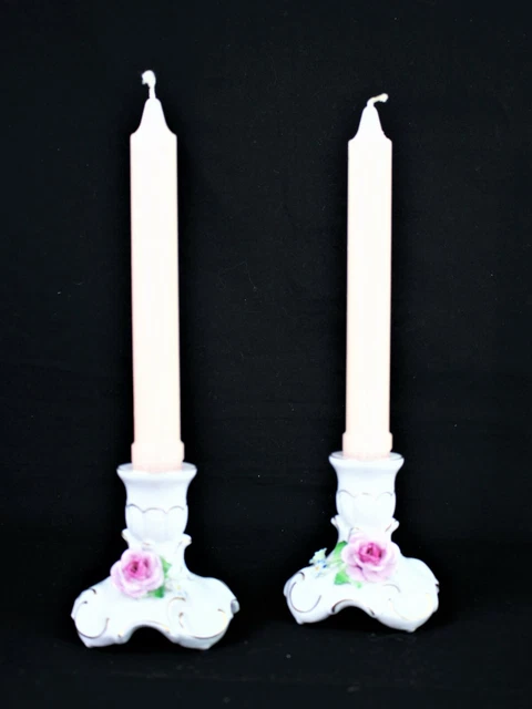 VON SCHIERHOLZ Pair of Antique Porcelain Handcrafted Candlesticks Holders Floral