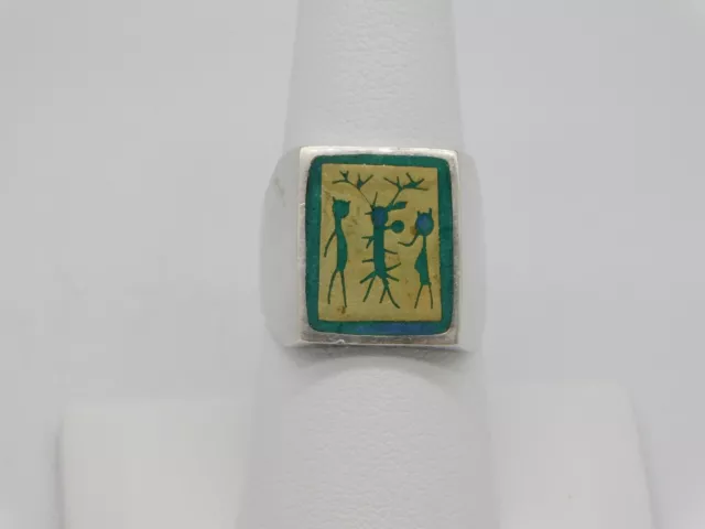 Taxco Mexico Sterling Silver Gold Figural People Chip Inlay Turquoise Stone Ring