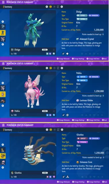 Shiny 6IV Palkia, Giratina, and Dialga in both forms Legendary Pokemon 6 PC  Bundle for Legends Arceus, Scarlet, and Violet - elymbmx