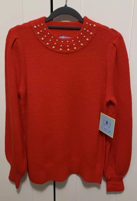 NWT CeCe Women’s Red Long Sleeve Pearl Embellished Crew Neck Pullover Sweater S
