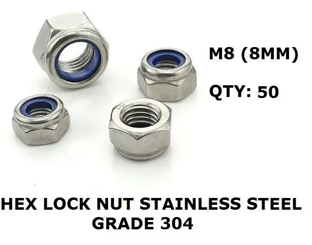 50 x M8 Stainless Steel 304 A2 Hex Nyloc Nut 8mm Nylon Insert Lock Nuts DIY