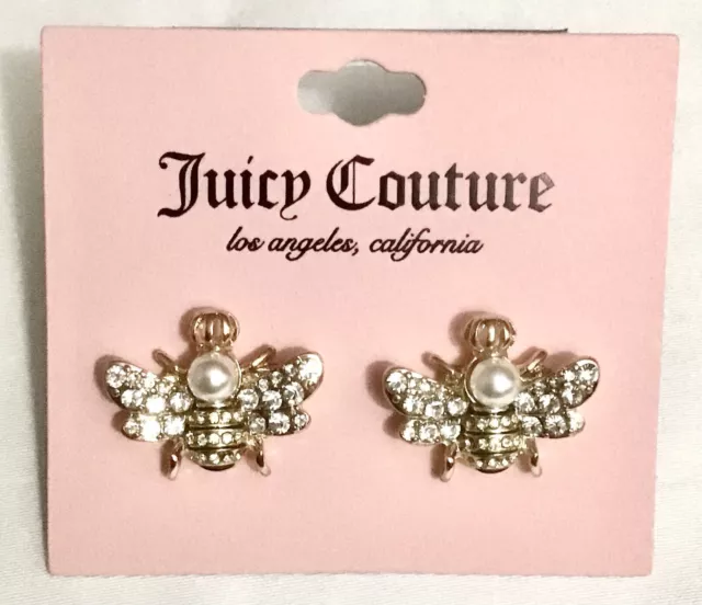 Juicy Couture Gold Tone Bee Stud Earrings With Rhinestones & Faux Pearl NWT