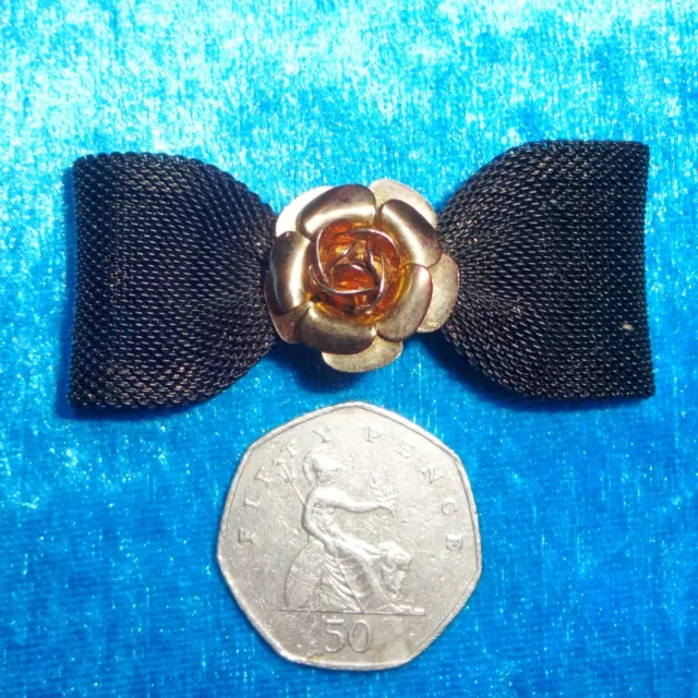 Unusual Vintage Black Metal Mesh Bow Bowtie 'Gold' Rose Flower Brooch Pin Badge