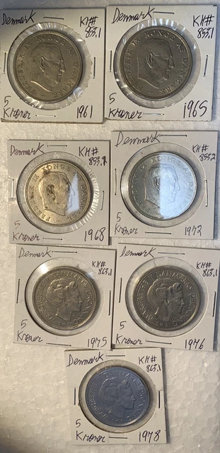 Denmark 1961 - 1978 Five 5 Kroner 7 coin Lot High Grades XF to AU Condition