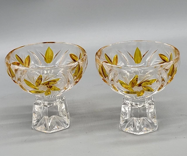 Czech Lead Crystal Shot Or Cordial Etched Glasses Set Of 2 Amber And Clear