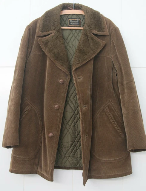 Cappotto vintage verde jumbo velluto a coste Dannimac / Meakers of Piccadilly trapuntato foderato